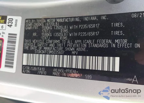 2021 Toyota Sienna Le z USA, uszkodzony, nr VIN 5TDKSKFC9MS035607